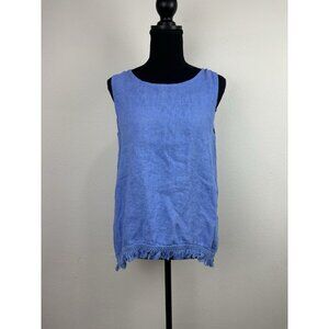 Valentina Naldi 100% linen blue Tank Top blouse Size Medium Fringe Hem